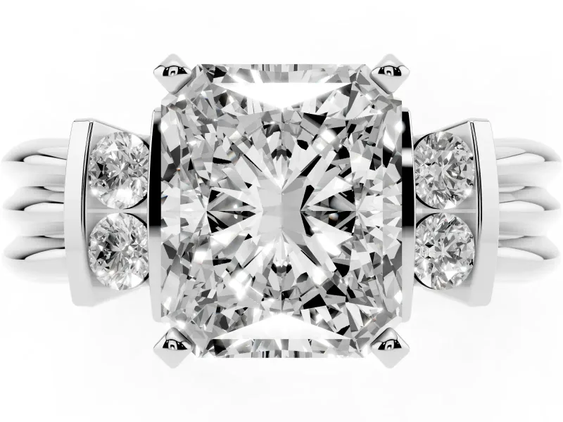Three-Stone Radiant Cut Diamond Channel Set Ring Set in Platinum with Bar Prongs