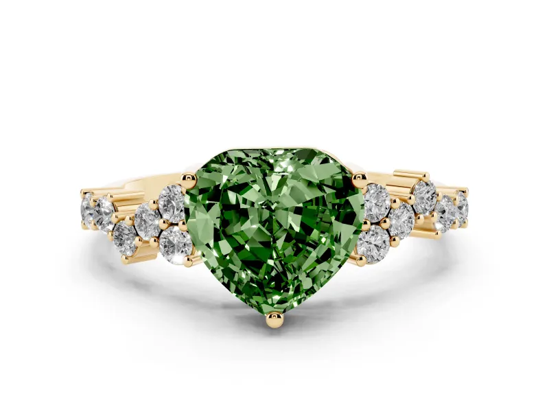 Fancy Green Heart Cut Diamond Ring Set in Yellow gold with Scattered Round Accents