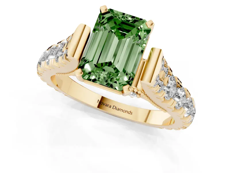 Emerald Cut Graduated Cathedral Engagement Ring Setting for a Fancy Green Lab-Grown Diamond | Side Stones | Yellow Gold