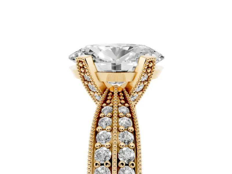 Oval Cut Diamond Solitaire Ring Set in Yellow gold with Milgrain Double Row Round Pavé Band