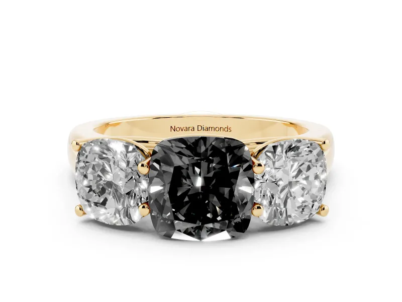 Fancy Black Cushion Cut Diamond Three-Stone Ring Set in Yellow gold with Plain Polished Band