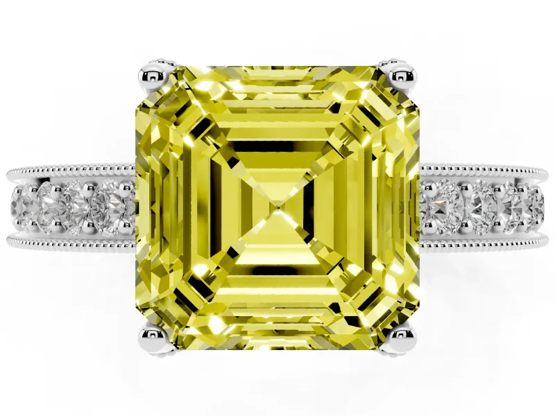 Asscher Cut Hidden Halo Engagement Ring Setting for a Fancy Yellow Lab-Grown Diamond | Milgrain Pave | White Gold