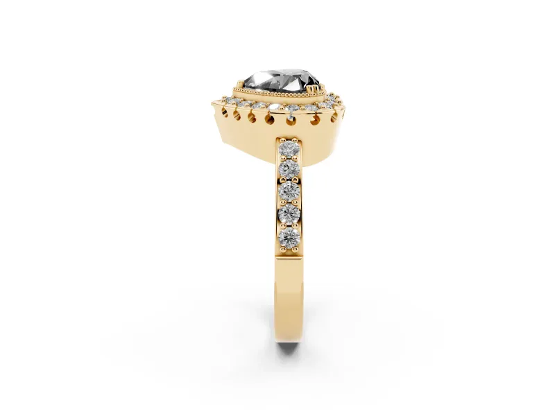 Heart-Shaped Milgrain Halo Engagement Ring Setting for a Black Center | Pavé Shoulders | Yellow Gold