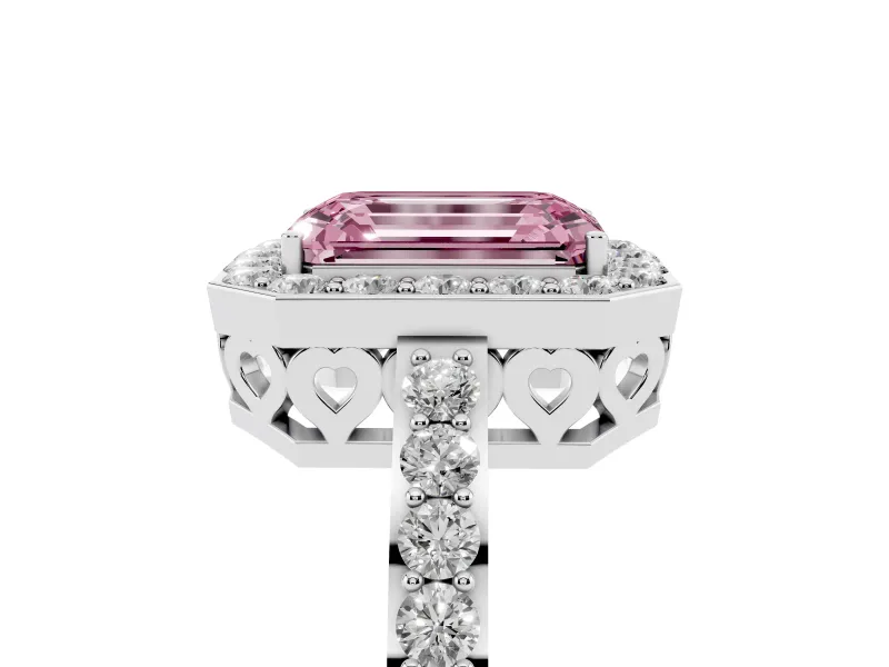 Fancy Pink Emerald Cut Diamond Halo Ring Set in White gold with Pavé-Setting Band and Open Prong Center