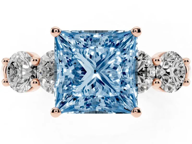 Princess Cut Five Stone Engagement Ring Setting for a Fancy Blue Lab-Grown Diamond | Prong Set Side Stones | Rose Gold