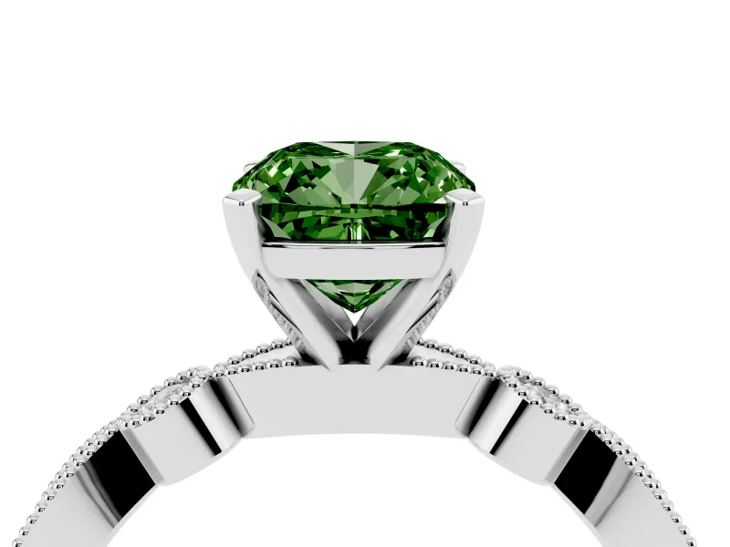 Fancy Green Cushion Cut Diamond Solitaire Engagement Ring Set in Platinum with Milgrain Bezel Accent Band