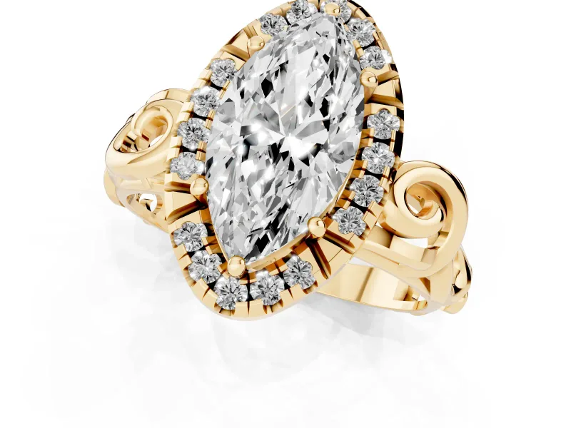 Marquise Vintage Filigree Halo Engagement Ring Setting | Scroll Shoulders | Yellow Gold
