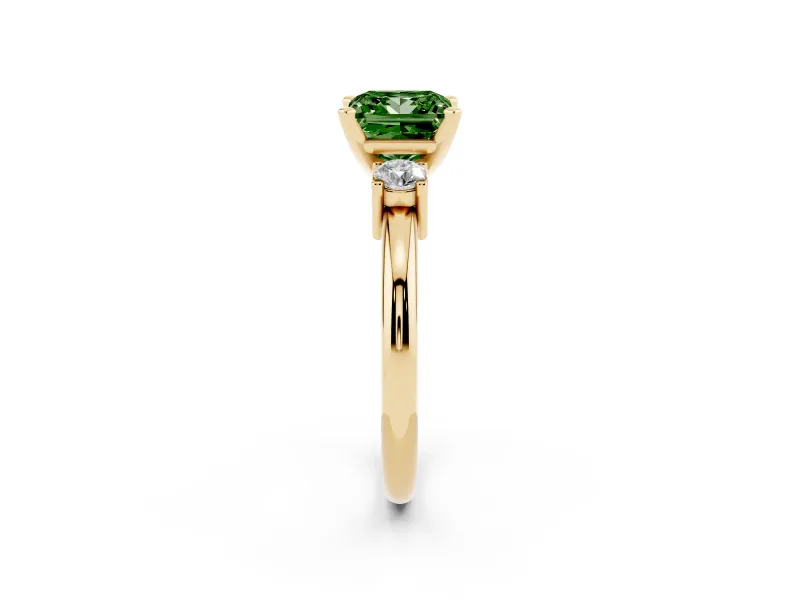 Princess Cut Three Stone Engagement Ring Setting for a Fancy Green Lab-Grown Diamond | Round Side Stones | Yellow Gold