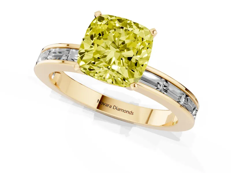Fancy Yellow Cushion Cut Diamond Solitaire Ring Set in Yellow gold with Channel-Set Baguette Band and Prong Setting