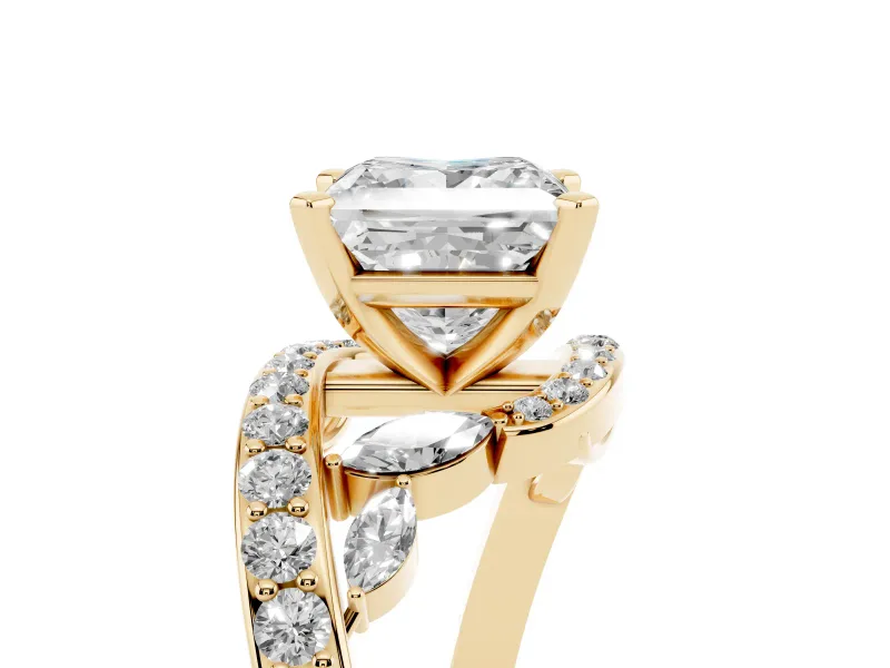 Princess Cut Bypass Pavé Engagement Ring Setting | Marquise Accents | Yellow Gold