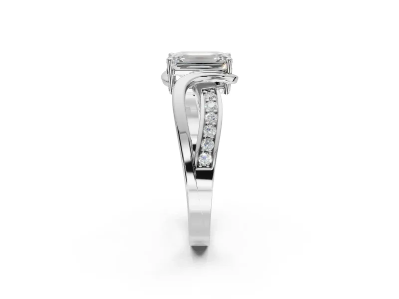 Emerald Cut Bypass Solitaire Engagement Ring Setting | Pavé and Plain Strands | Platinum