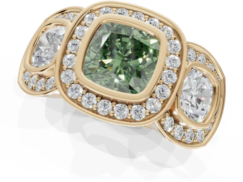 Cushion Cut Three Stone Halo Engagement Ring Setting for a Fancy Green Lab-Grown Diamond | Bezel Set | Yellow Gold