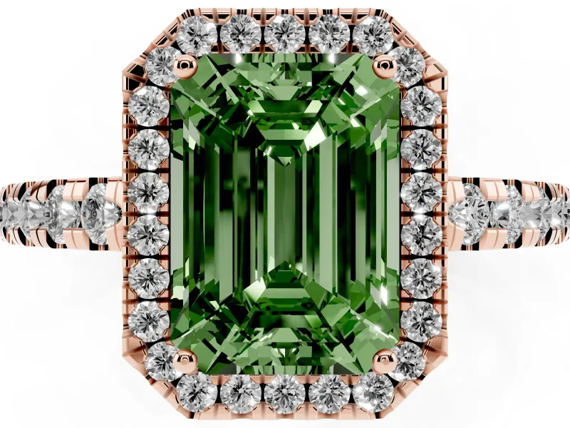 Emerald Cut Halo Engagement Ring Setting for a Fancy Green Lab-Grown Diamond | Graduated Pavé Band | Rose Gold