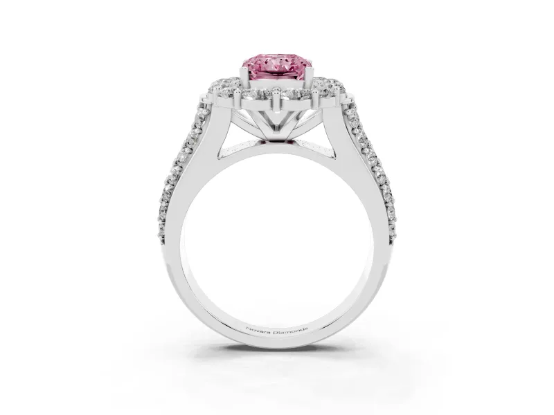Fancy Pink Radiant Cut Diamond Halo Engagement Ring Set in White gold with Split Shank and Prong Setting