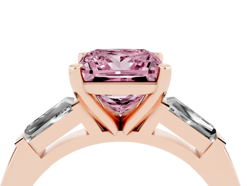 Fancy Pink Princess Cut Diamond Solitaire Ring Set in Rose gold with Tapered Baguette Side Stones and Prong Setting