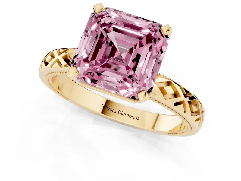 Fancy Pink Asscher Cut Diamond Solitaire Ring Set in Yellow gold with Milgrain and Black Enamel X Pattern Band
