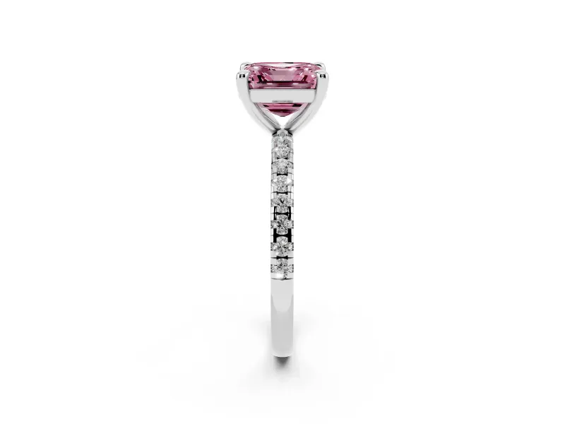 Fancy Pink Asscher Cut Diamond Brilliant Solitaire Ring Set in White gold with Pavé Band and Prong Setting