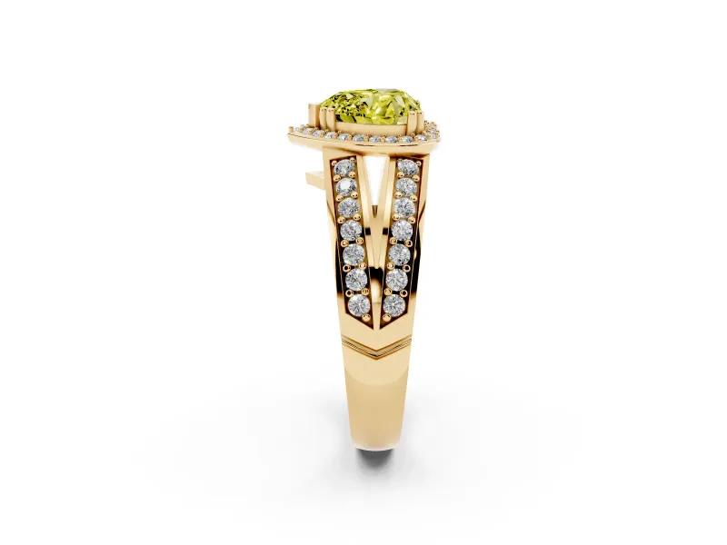 Fancy Yellow Heart Cut Diamond Halo Ring Set in Yellow gold with Double Pavé Split Shank