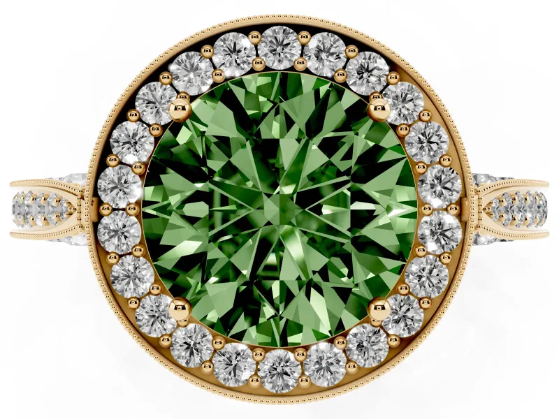 Round Milgrain Halo Engagement Ring Setting for a Fancy Green Lab-Grown Diamond | Side Stones | Yellow Gold