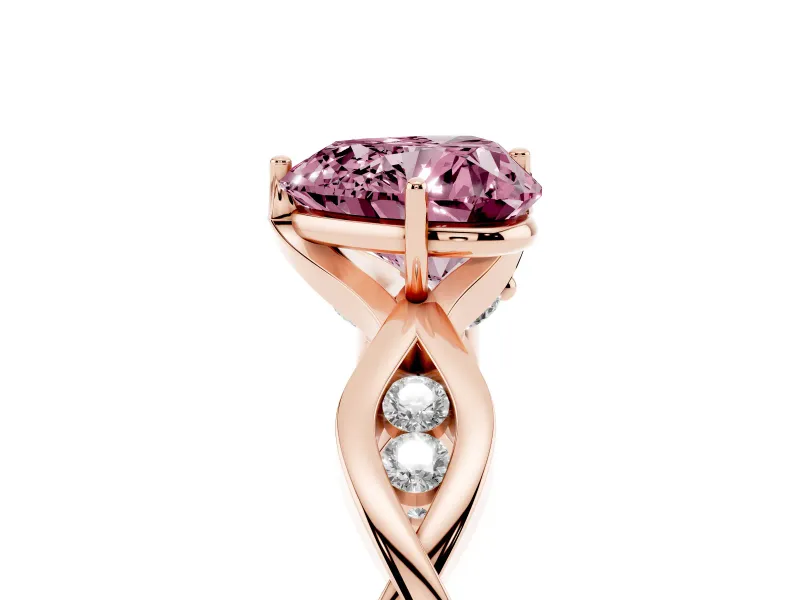 Fancy Pink Heart Cut Diamond Twist Band Solitaire Ring Set in Rose gold with Leaf Prong Setting and Accent Stones
