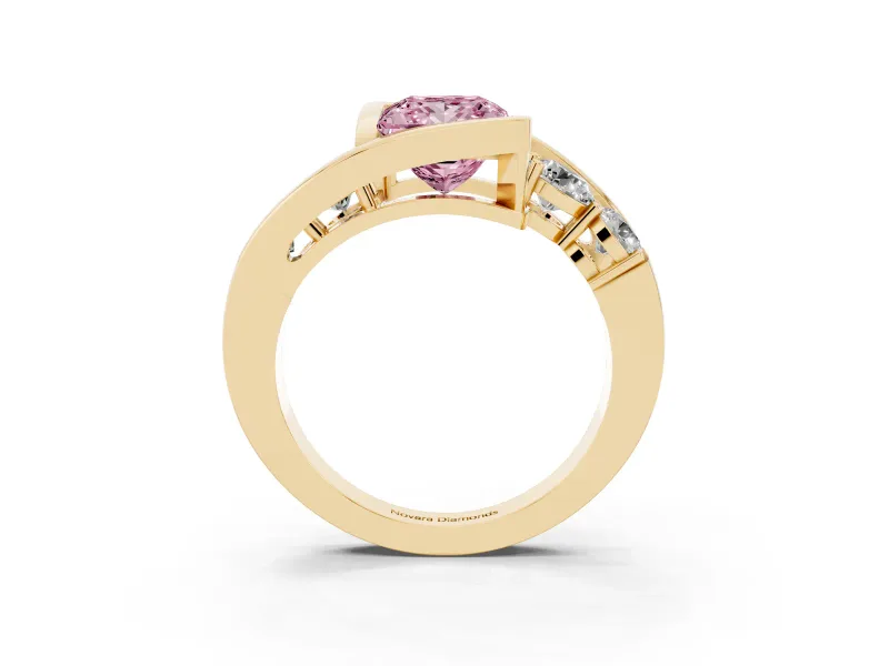 Fancy Pink Princess Cut Diamond Bezel Bypass Ring Set in Yellow gold with Round Accents