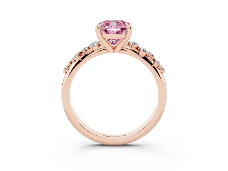 Fancy Pink Cushion Cut Diamond Solitaire Vine Band Ring Set in Rose gold with Round Accents and Prong Setting