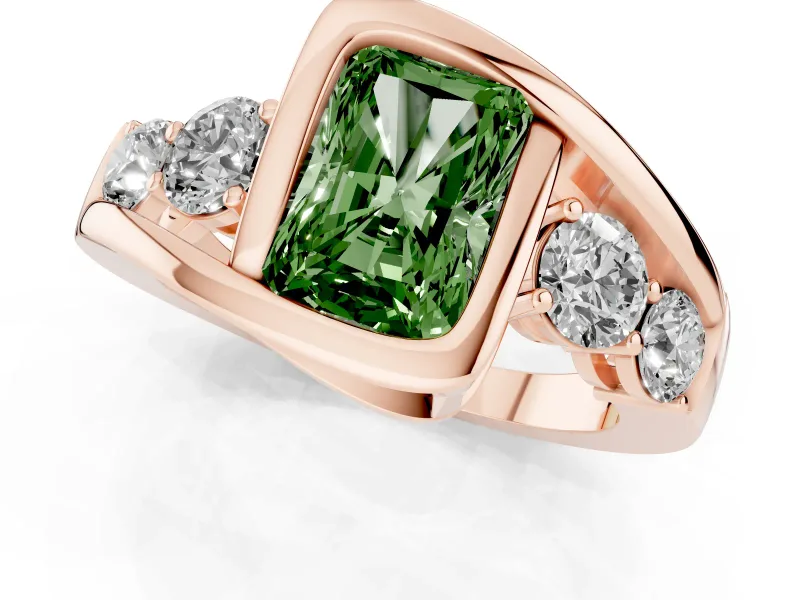 Fancy Green Radiant Cut Diamond Bezel Bypass Ring Set in Rose gold with Round Accents