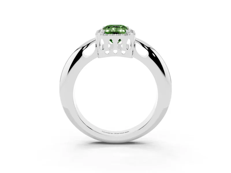 Fancy Green Emerald Cut Diamond Halo Engagement Ring Set in White gold with Plain Split Shank and Prong Setting