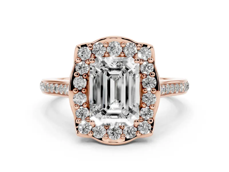 Emerald Cut Diamond Halo Ring Set in Rose gold with Pavé-Lined Shoulders and Prong Setting