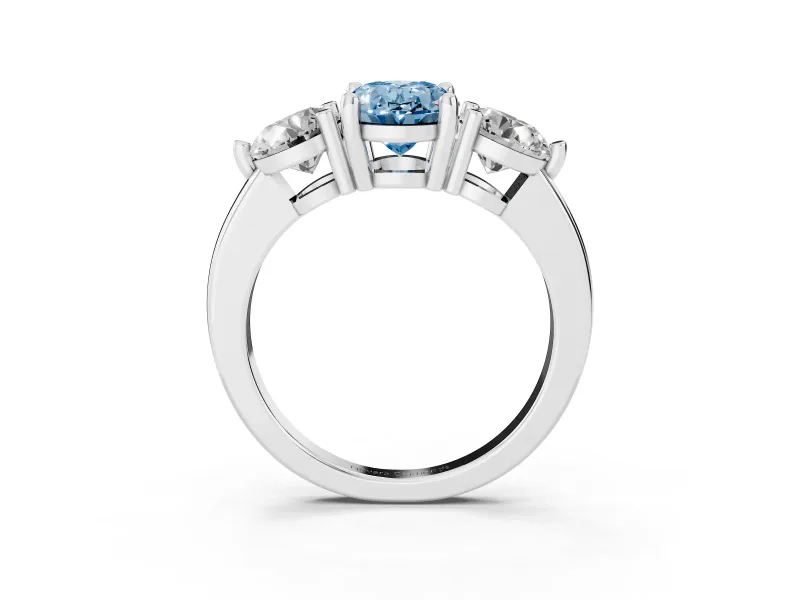Fancy Blue Oval Cut Diamond Three-Stone Ring Set in Silver with Prong Setting and Classic Band