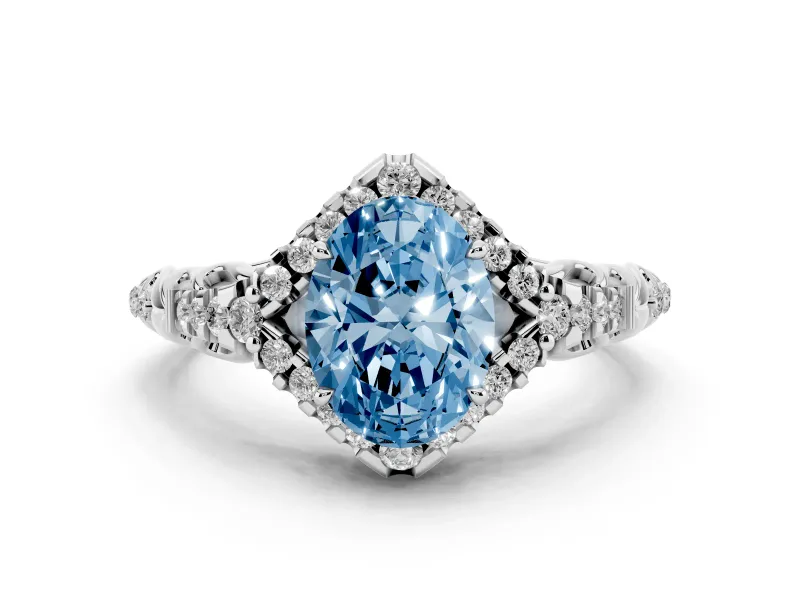 Fancy Blue Oval Cut Diamond Solitaire Ring Set in White gold with Hidden Halo and Pavé Band