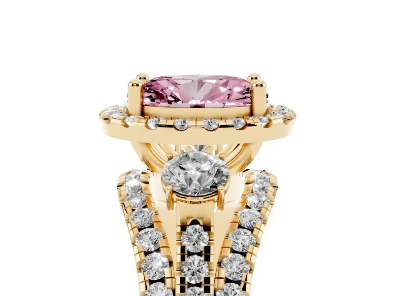Oval Halo Split Shank Engagement Ring Setting for a Fancy Pink Lab-Grown Diamond | Round Side Stones | Yellow Gold