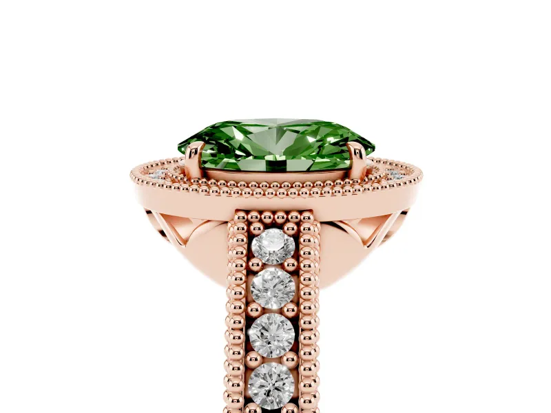 Fancy Green Oval Cut Diamond Halo Ring Set in Rose gold with Round Accent Halo, Pavé Band and Prong Setting