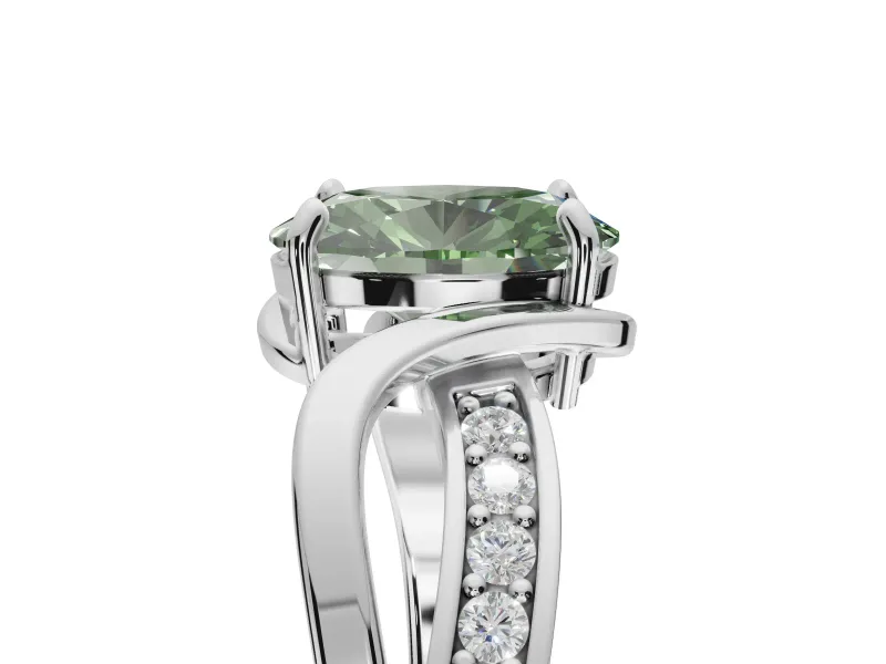 Oval Bypass Solitaire Engagement Ring Setting for a Fancy Green Lab-Grown Diamond | Pavé and Plain Strands | Platinum
