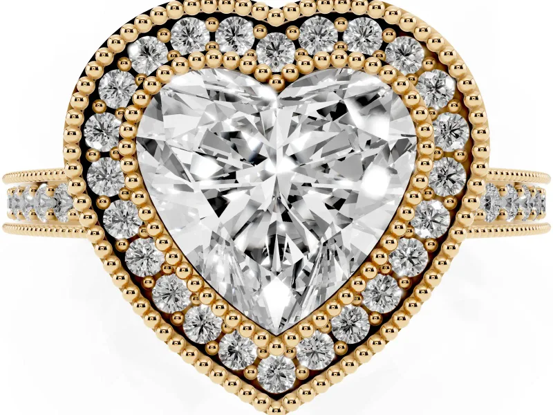 Heart Cut Diamond Round Halo Ring Set in Yellow gold with Pavé Band