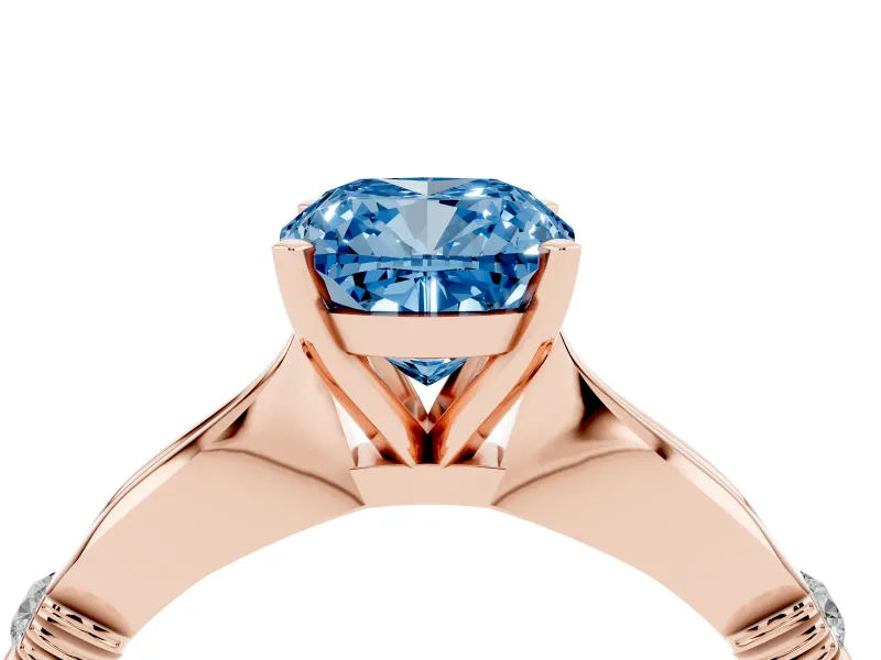 Fancy Blue Cushion Cut Diamond Solitaire Twisted Band Ring Set in Rose gold with Accent Stones and Prong Setting