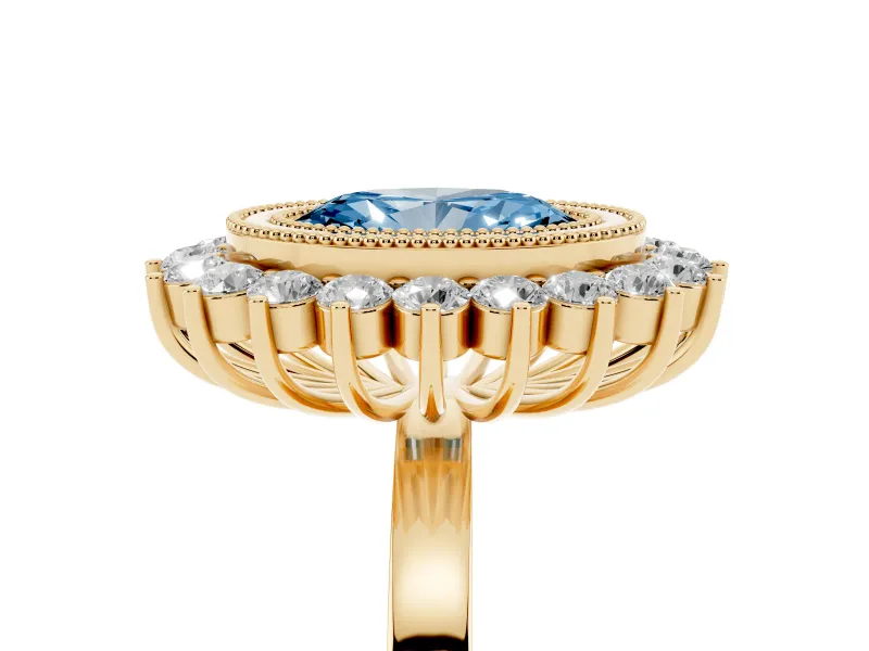 Fancy Blue Oval Cut Diamond Halo Ring Set in Yellow gold with Milgrain Edge and Round Prong Setting