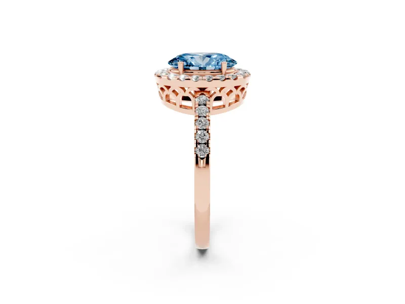 Fancy Blue Oval Cut Diamond Pavé Band Halo Engagement Ring Set in Rose gold with Prong Setting