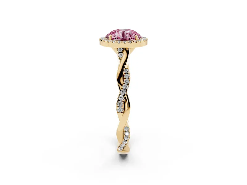 Round Twist Halo Engagement Ring Setting for a Fancy Pink Lab-Grown Diamond | Yellow Gold