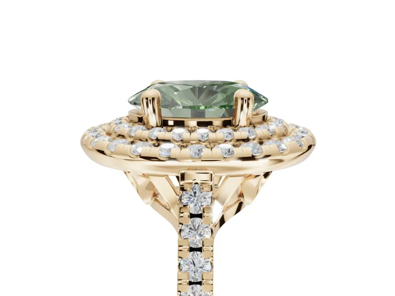 Oval Double Halo Engagement Ring Setting for a Fancy Green Lab-Grown Diamond | Pave Shoulders | Yellow Gold