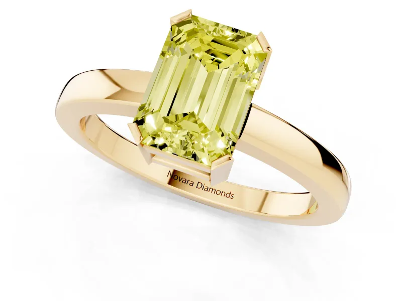 Fancy Yellow Emerald Cut Diamond Solitaire Ring Set in Yellow gold with Prong Head and Smooth Polished Band