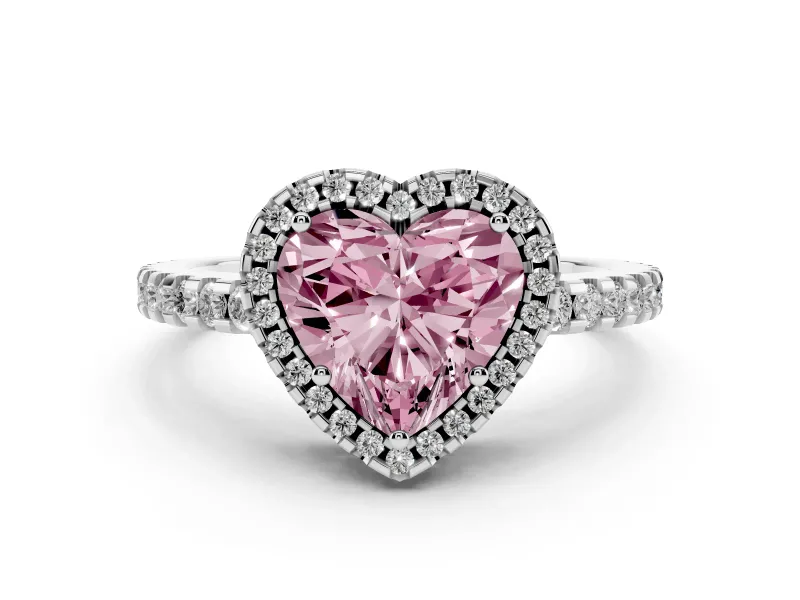Fancy Pink Heart Cut Diamond Halo Ring Set in Silver with Pavé Shoulders and Halo-Framed Center
