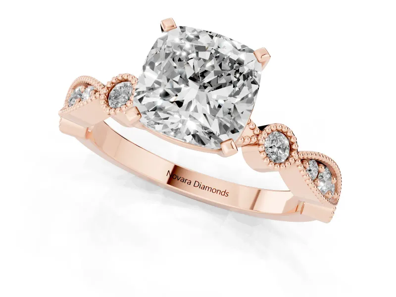 Cushion Cut Diamond Solitaire Engagement Ring Set in Rose gold with Milgrain Bezel Accent Band