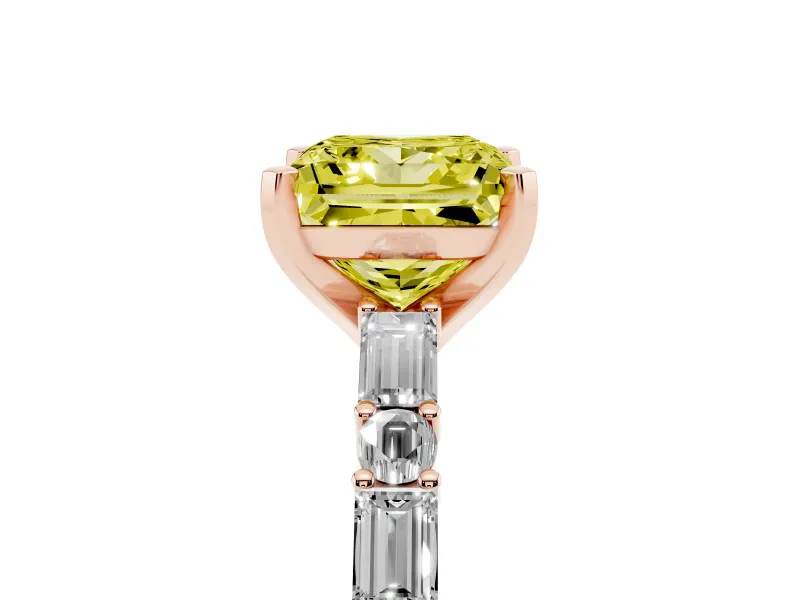 Fancy Yellow Princess Cut Diamond Solitaire Set in Rose gold with Side Baguettes and Channel Set Band