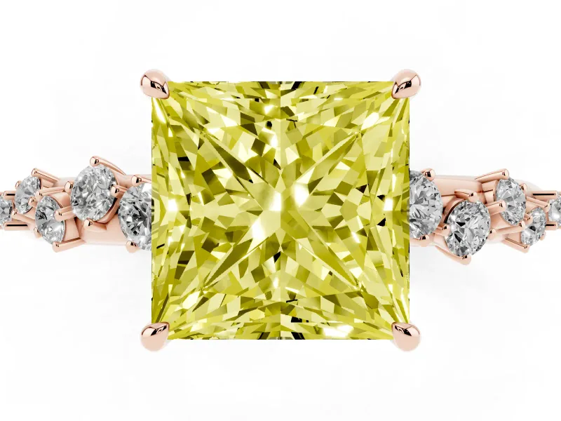 Fancy Yellow Princess Cut Diamond Cluster Solitaire Ring Set in Rose gold with Prong Setting