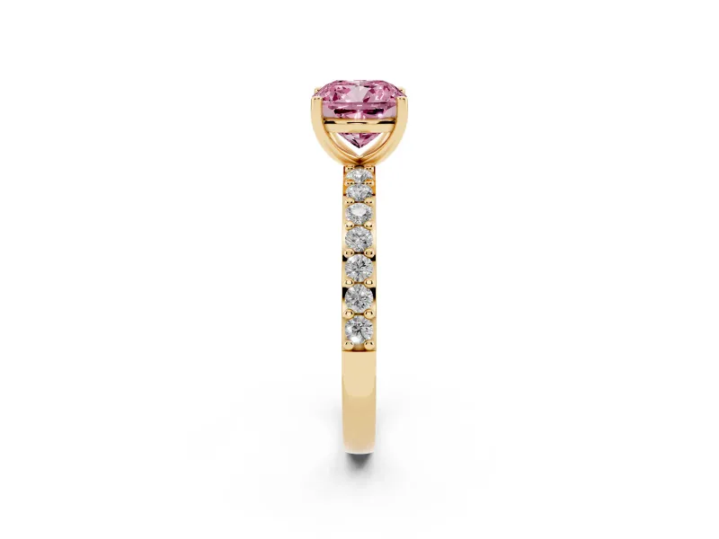 Fancy Pink Cushion Cut Diamond Solitaire Set in Yellow gold with Round Pavé Band and Prong Setting