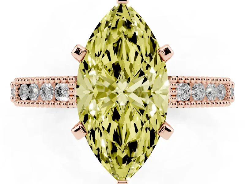 Fancy Yellow Marquise Cut Diamond Solitaire Ring Set in Rose gold with Slim Pavé Band and Prong Setting