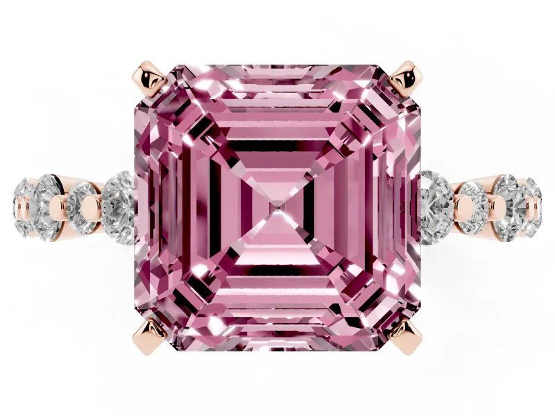 Fancy Pink Asscher Cut Diamond Prong Set Engagement Ring Set in Rose gold with Round Accent Pavé Band