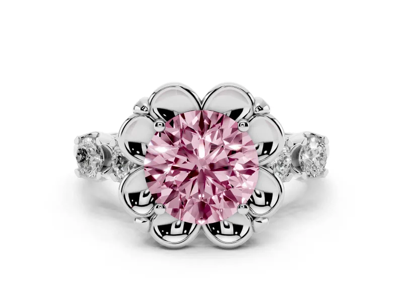 Fancy Pink Round Cut Diamond Floral Halo Ring Set in Silver with Shared Prong Band