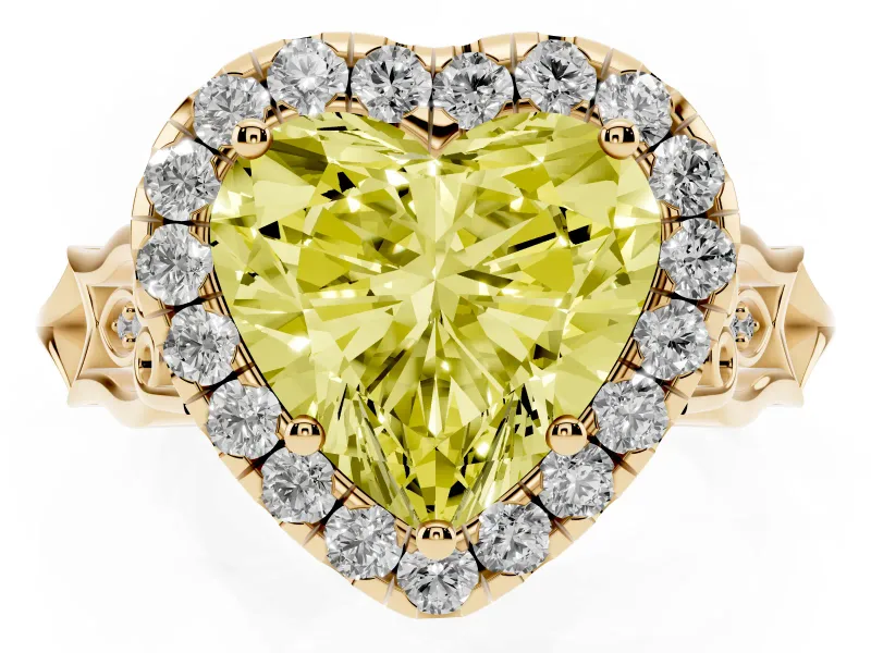 Heart-Shaped Halo Engagement Ring Setting for a Fancy Yellow Lab-Grown Diamond | Filigree Shoulders | Yellow Gold